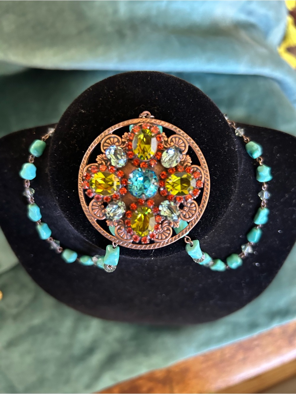 Liz Palacios Bead ed Necklace crystal Floral Medallion and crystal earrings